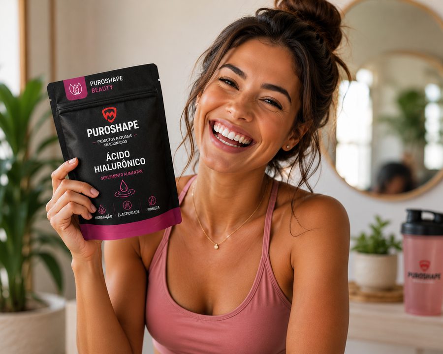 Mulher feliz segurando o saquinho PUROSHAPE Beauty Ácido Hialurônico